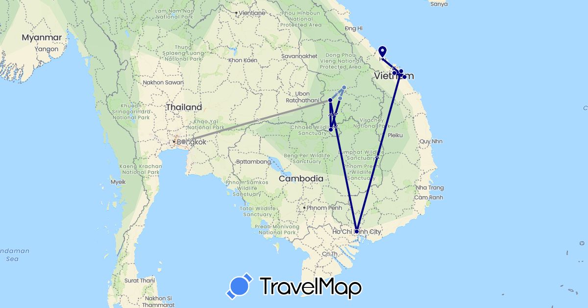 TravelMap itinerary: driving, plane, cycling in Laos, Thailand, Vietnam (Asia)